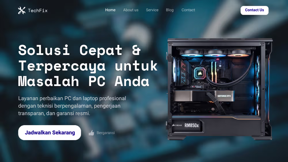 Tampilan website TechFix yang dikerjakan Aksavara