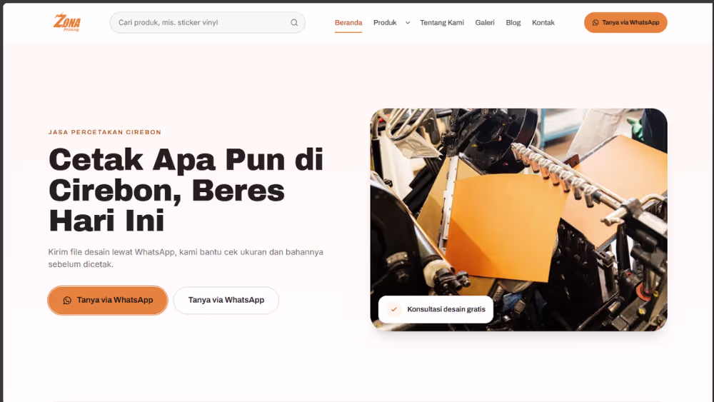 Tampilan website Zona Printing yang dikerjakan Aksavara